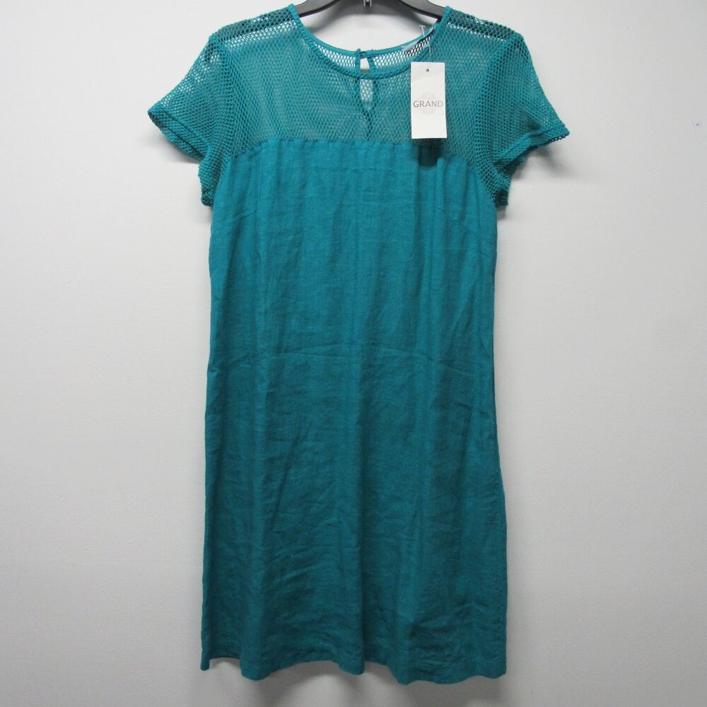 NWT Grand Greece 100% Linen Teal Shift Dress Fishnet Women's sz M Beachy 🌹